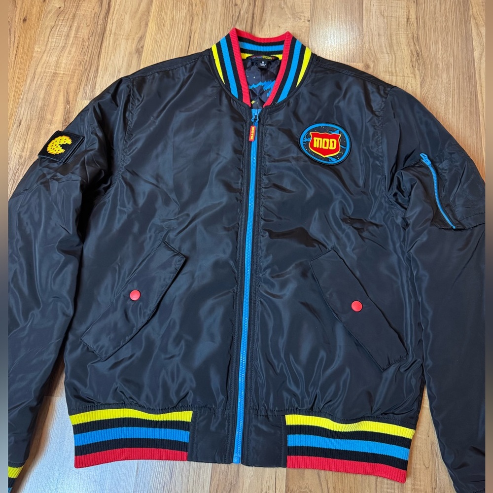 Mod Pizza Meeting Of The MODS 2023 Bomber Jacket Men’s M Black Colorful Stripes